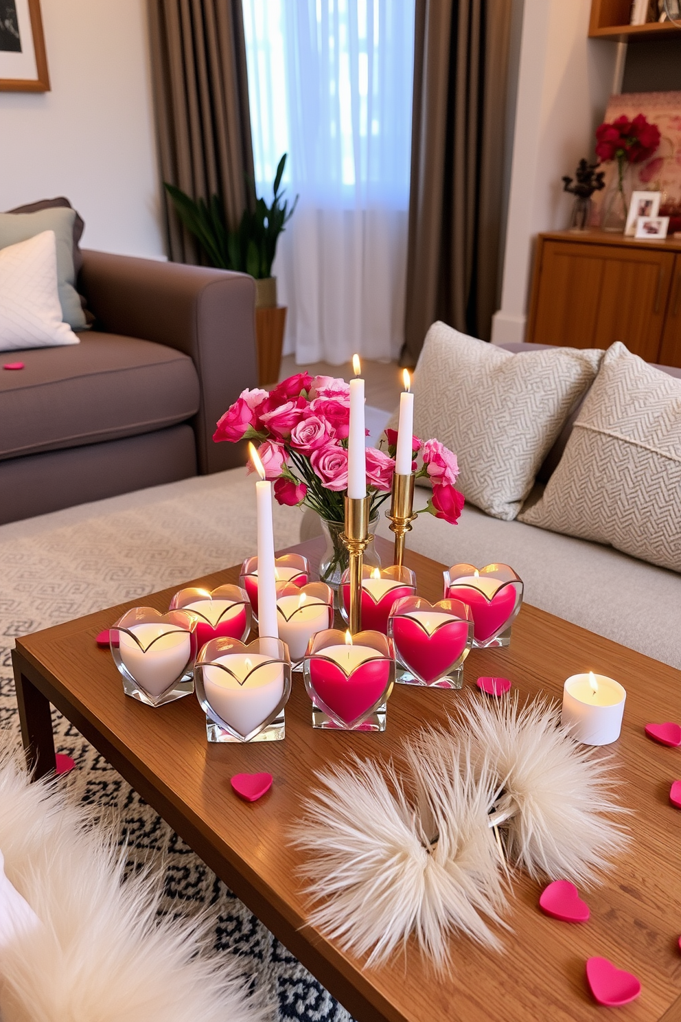 A cozy apartment setting adorned with scented candles in heart-shaped holders. The candles are arranged on a wooden coffee table, surrounded by soft cushions and romantic decor elements for a Valentine's Day theme.