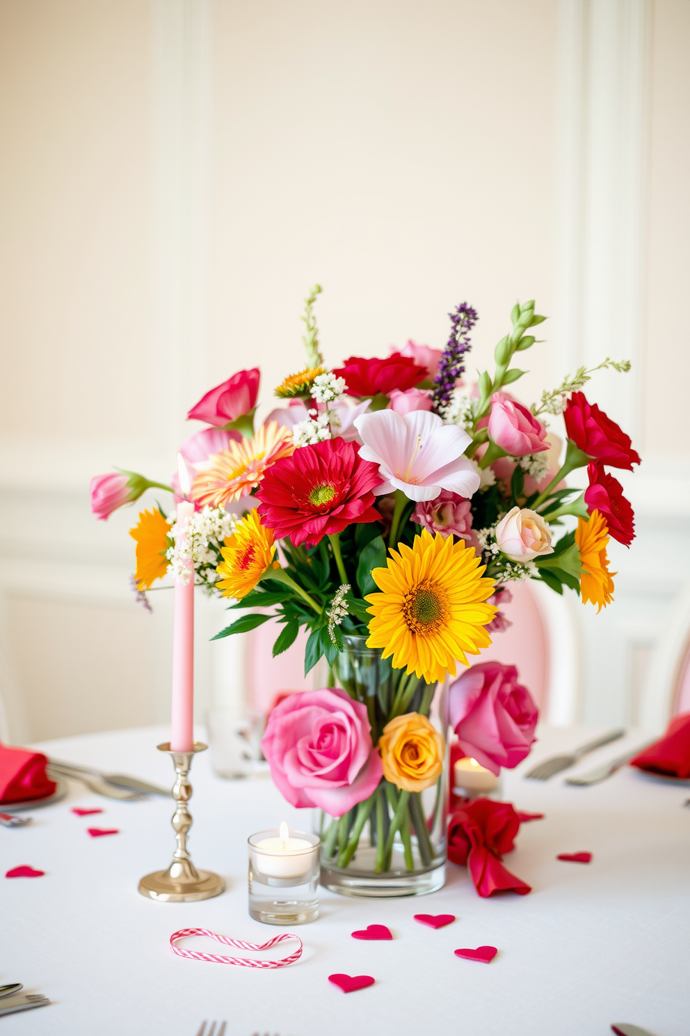 A stunning table centerpiece featuring a variety of fresh flowers in vibrant colors. The arrangement is elegantly displayed in a clear glass vase, surrounded by romantic candles and delicate heart-shaped decorations. Soft pastel tones dominate the decor, creating a warm and inviting atmosphere. Subtle touches of red and pink enhance the Valentine's Day theme, while a beautifully set tablecloth adds an extra layer of charm.