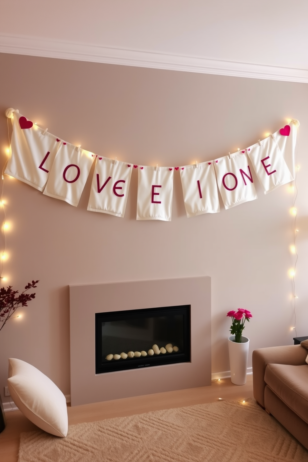 A custom love message banner hangs elegantly across the living room wall, crafted from soft fabric with delicate lettering. The banner is adorned with heart-shaped accents and surrounded by twinkling fairy lights, creating a warm and romantic atmosphere for Valentine's Day.