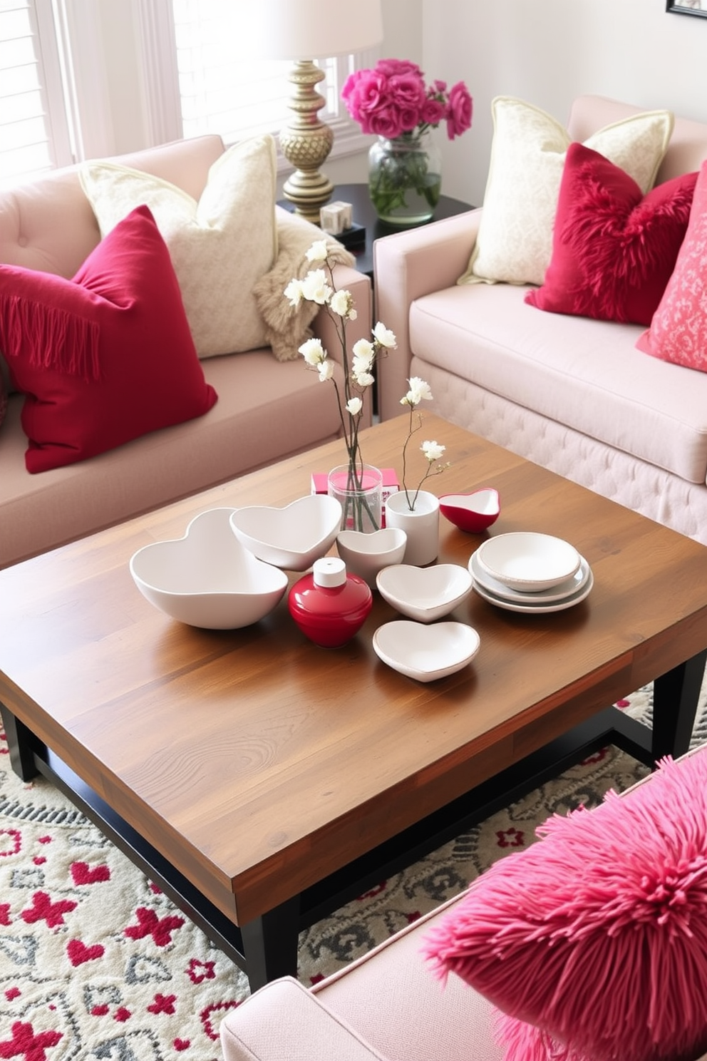 Create a cozy and inviting space featuring decorative heart-shaped dishes arranged on a stylish wooden coffee table. Surround the table with soft, plush cushions in shades of red and pink to enhance the Valentine's Day theme.