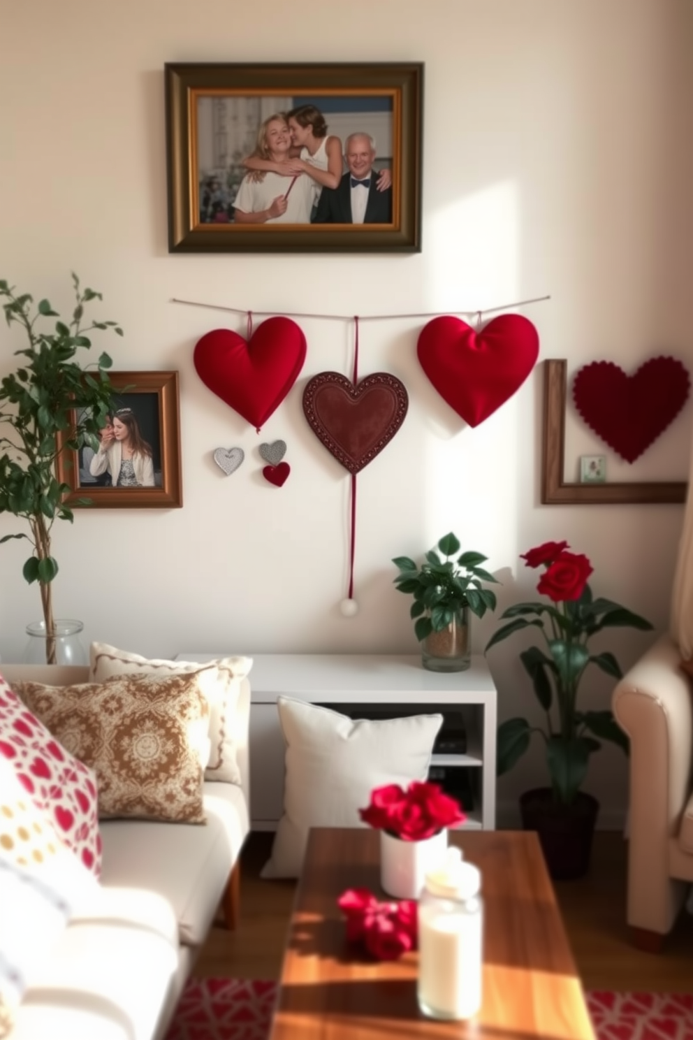 Create a cozy apartment setting decorated for Valentine's Day. The walls are adorned with photos of memories in heart-shaped frames, creating a warm and nostalgic atmosphere.