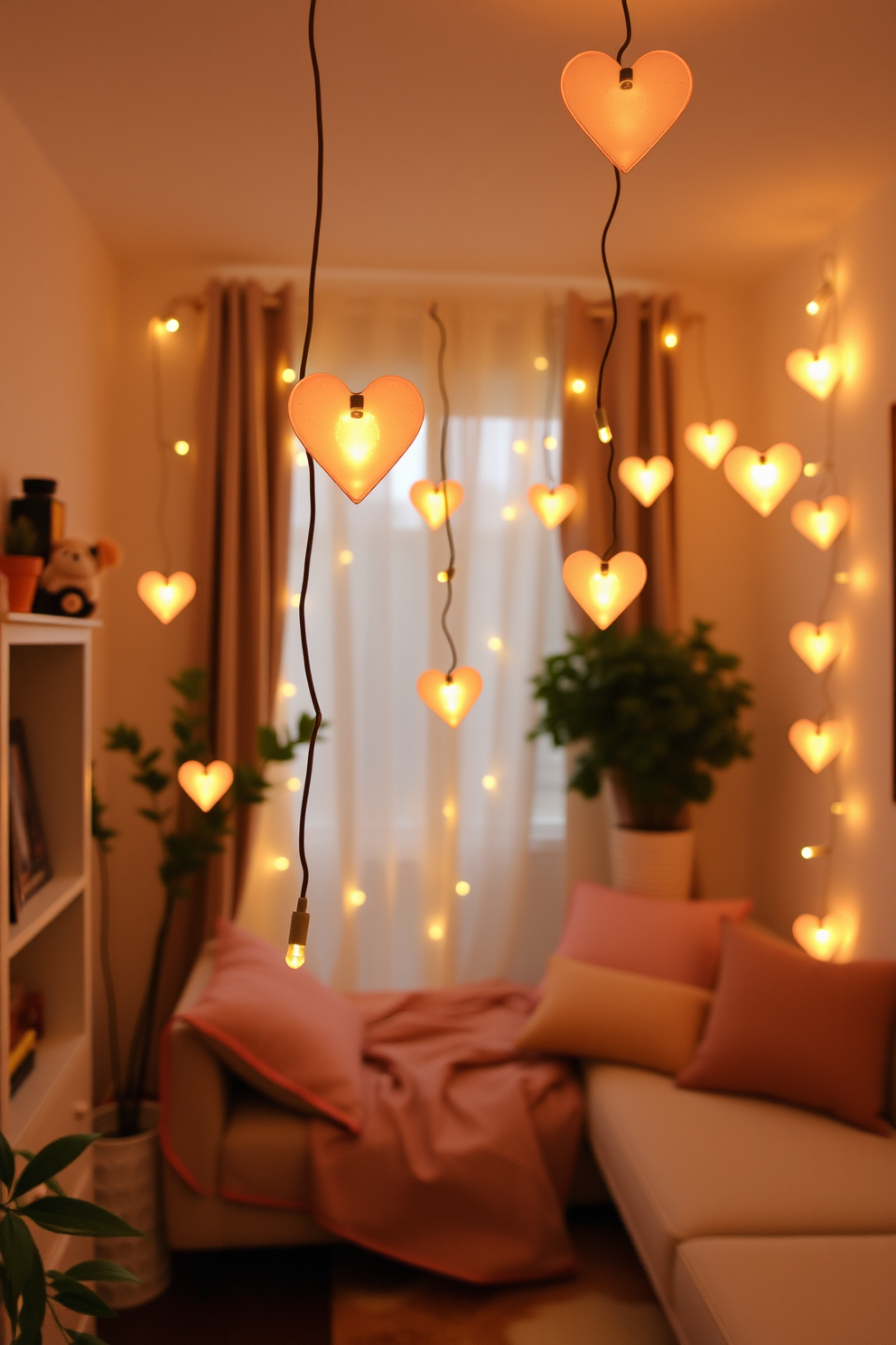 A cozy apartment setting adorned with string lights shaped like hearts. The warm glow of the lights creates a romantic atmosphere, enhancing the soft pastel colors of the decor.