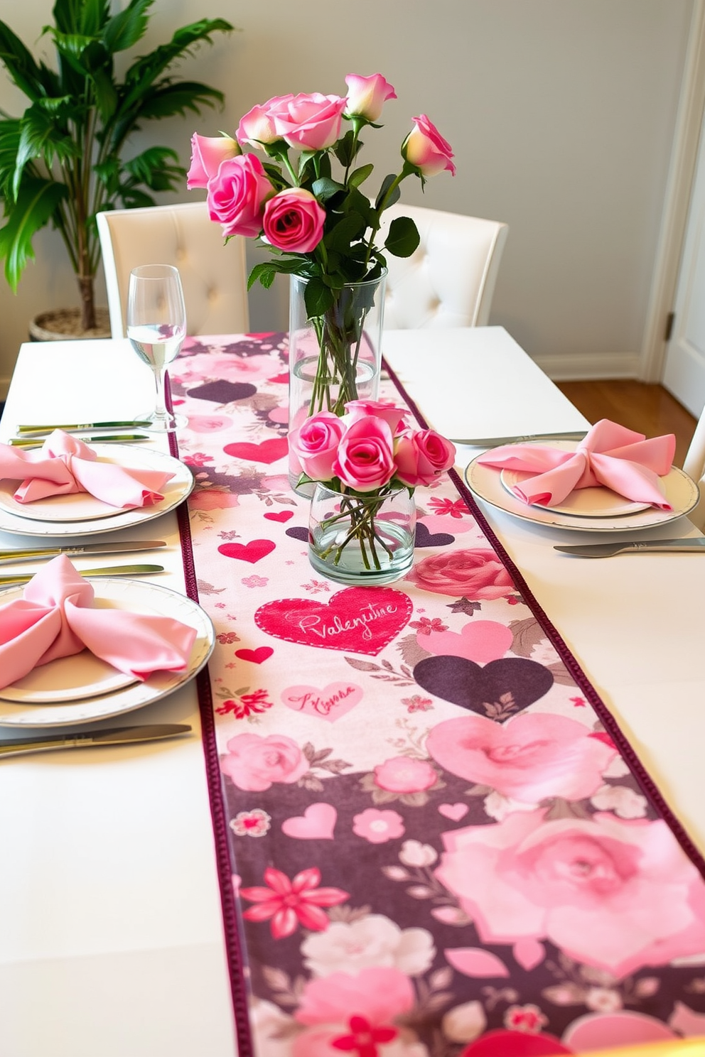 A romantic dining setup featuring a Valentine themed table runner adorned with hearts and floral patterns. The table is set with elegant dinnerware, soft pink napkins, and a centerpiece of fresh roses in a glass vase.