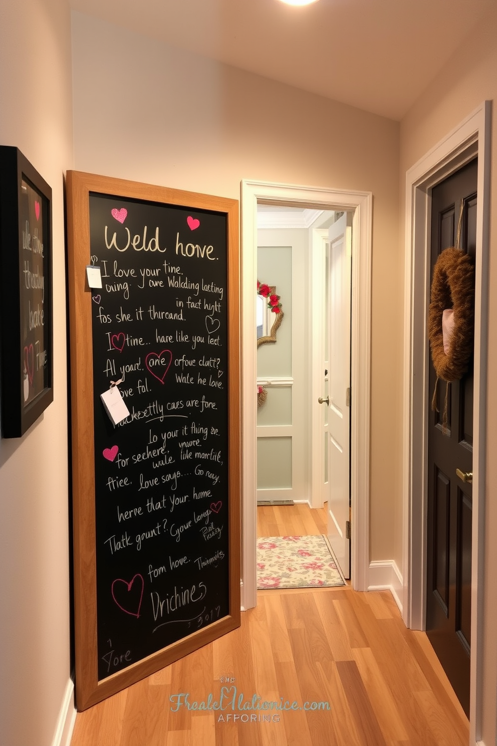 A charming entryway featuring a large chalkboard adorned with handwritten love notes and heartfelt messages. The space is illuminated by soft lighting, creating a warm and inviting atmosphere perfect for Valentine's Day decorating.