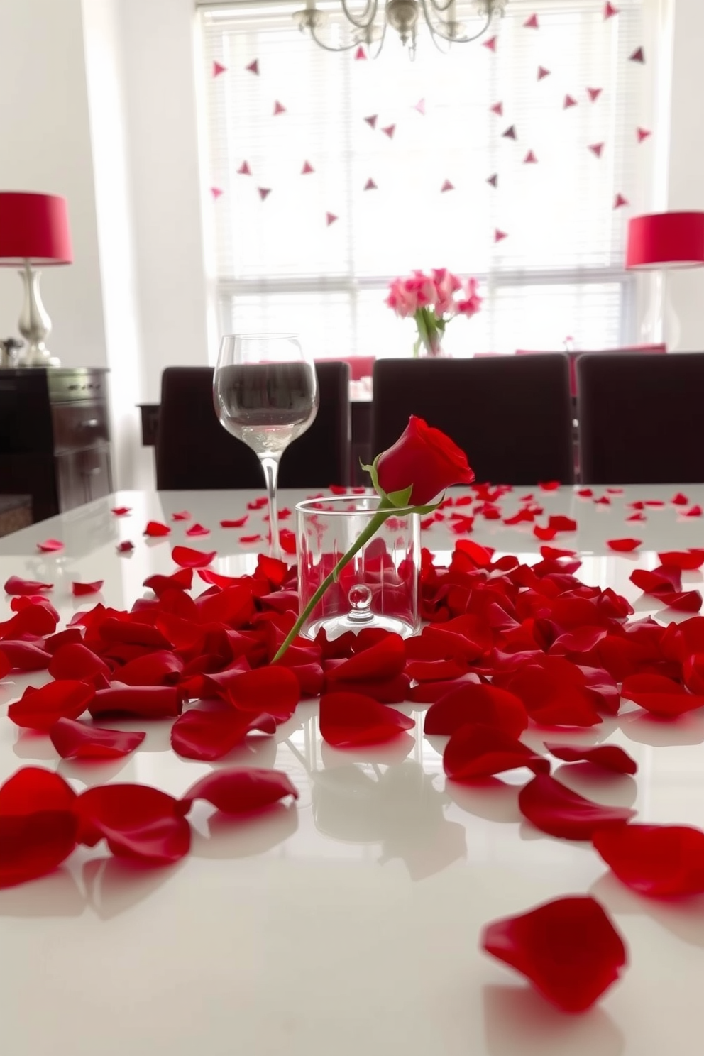 Red silk rose petals scattered on surfaces create a romantic ambiance throughout the apartment. The petals are artfully arranged on the dining table, accentuating the elegant dinner setting for Valentine's Day.