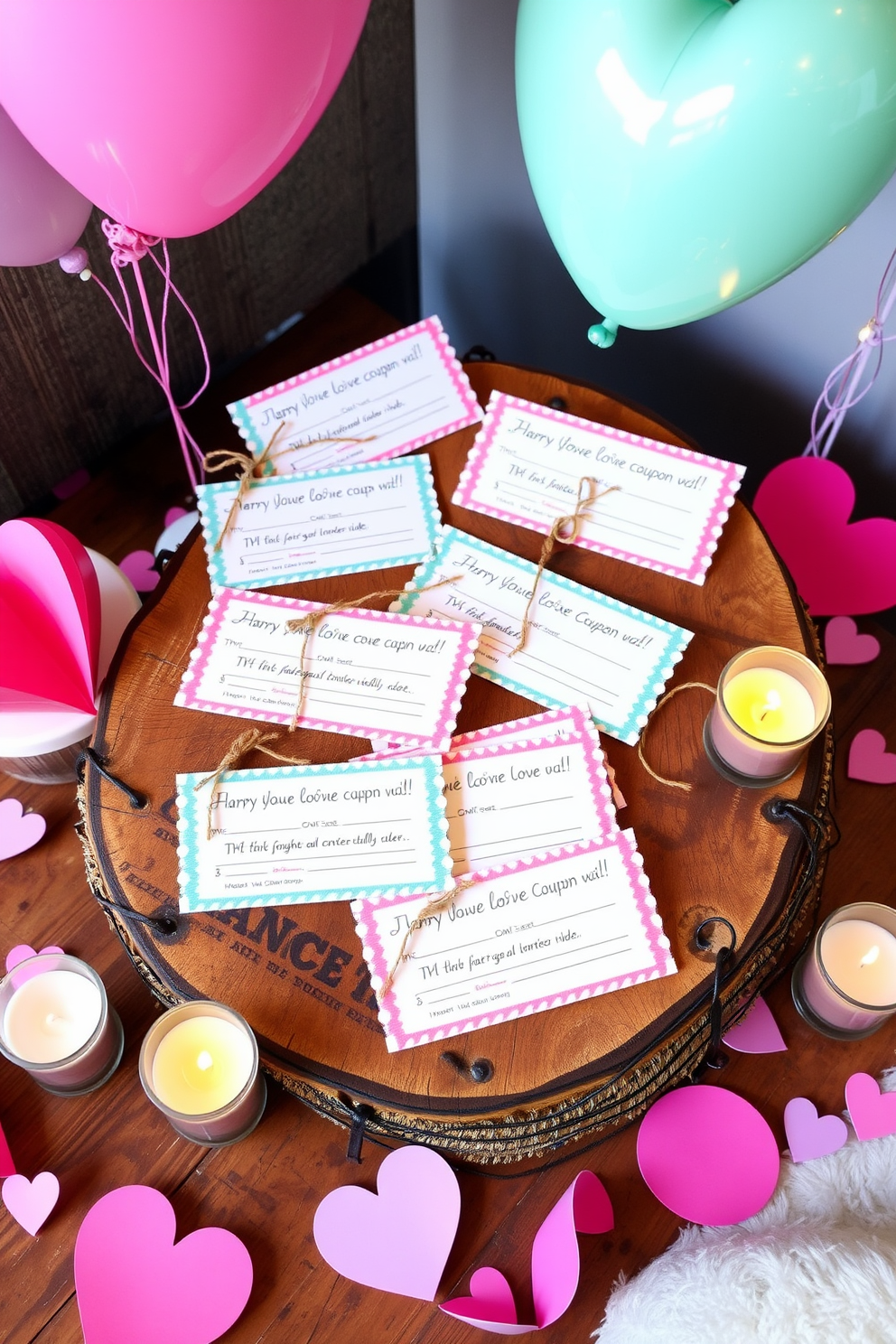 A charming display of DIY love coupons is arranged on a rustic wooden table. Each coupon is beautifully crafted with colorful paper and tied with twine, creating a heartfelt and personalized touch. Surrounding the coupons are romantic decorations in soft pastel colors. Heart-shaped balloons and flickering candles add a warm ambiance, making the space inviting for a Valentine's Day celebration.