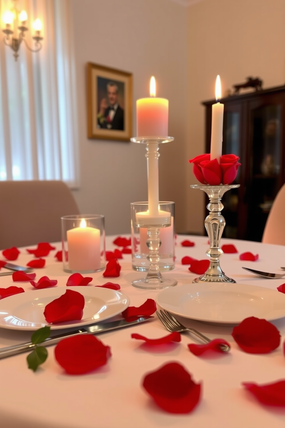 A romantic candlelit dinner setup is arranged on a beautifully set table adorned with rose petals scattered across the white tablecloth. Soft flickering candles in elegant holders create a warm glow, enhancing the intimate atmosphere for a perfect Valentine's Day celebration.