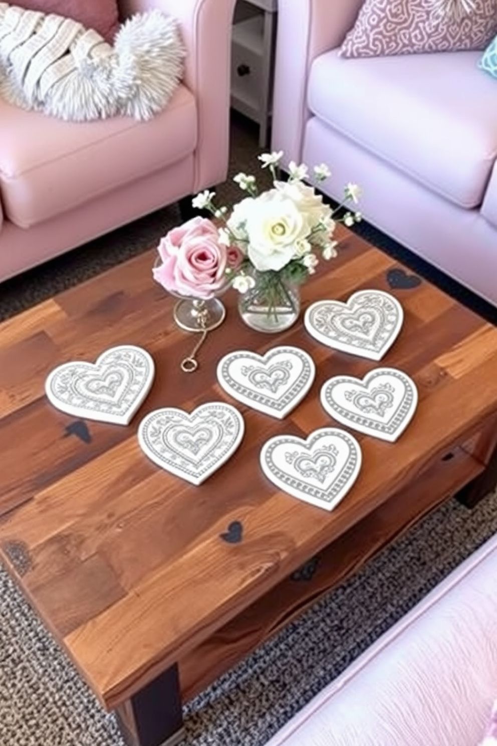 Heart-shaped coasters are arranged neatly on a stylish coffee table made of reclaimed wood. The coasters are adorned with intricate patterns, adding a touch of romance to the space. The coffee table is surrounded by plush seating in soft pastel colors, creating a cozy atmosphere. Delicate floral arrangements in soft hues complement the Valentine's Day theme, enhancing the overall decor.