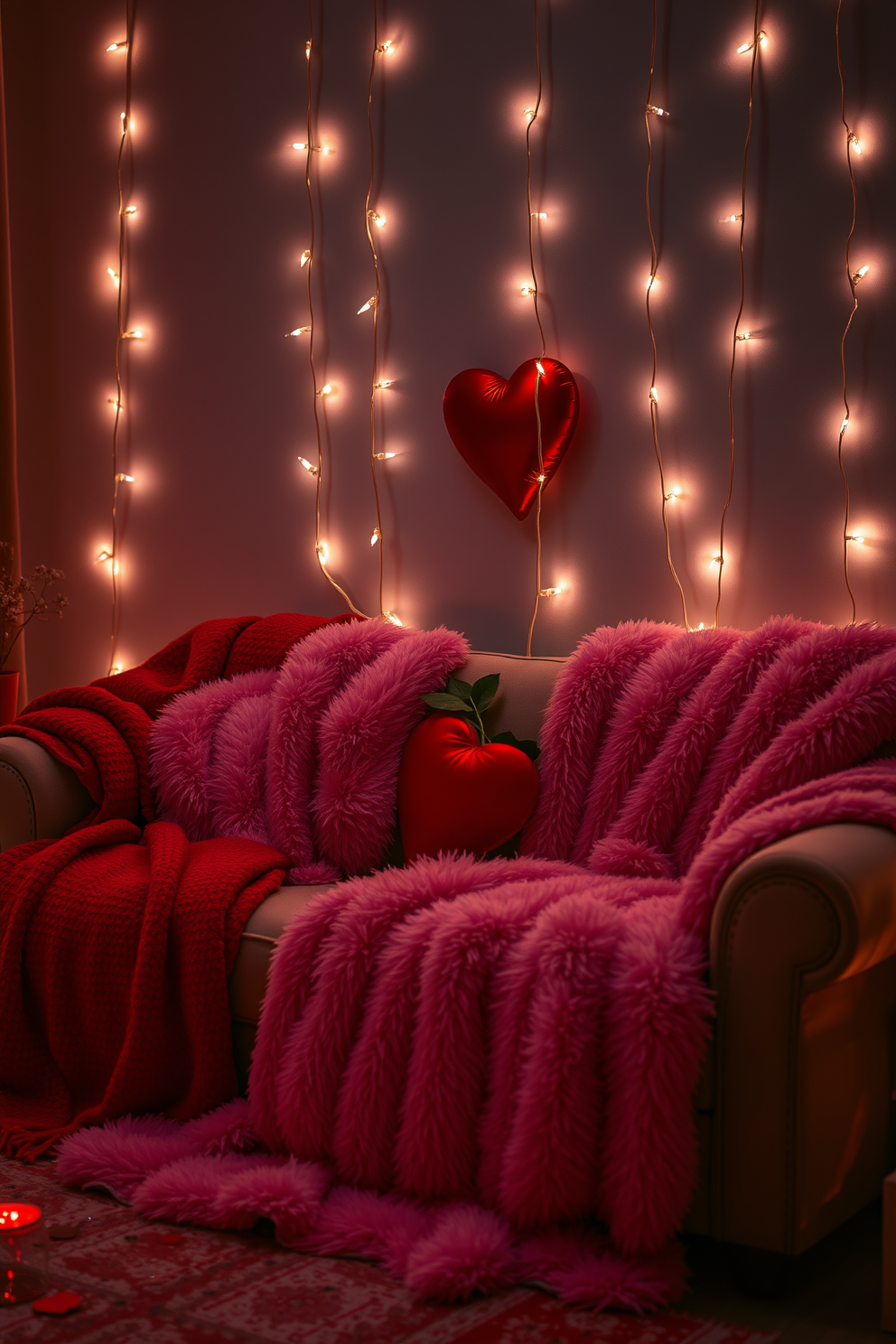 A cozy romantic movie night setup featuring a plush sofa adorned with soft, fluffy blankets in shades of red and pink. Twinkling fairy lights are draped around the room, creating a warm and inviting atmosphere for a perfect Valentine's Day celebration.