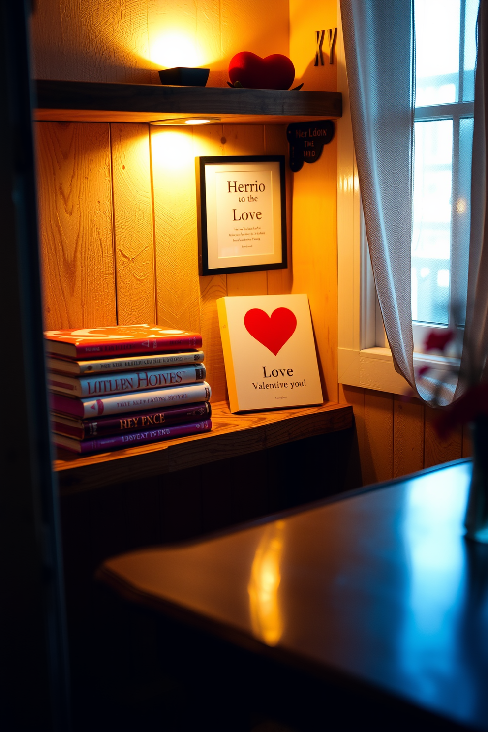 A cozy reading nook adorned with love-themed books stacked neatly on a rustic wooden shelf. Soft, warm lighting illuminates the space, creating an inviting atmosphere perfect for celebrating Valentine's Day.