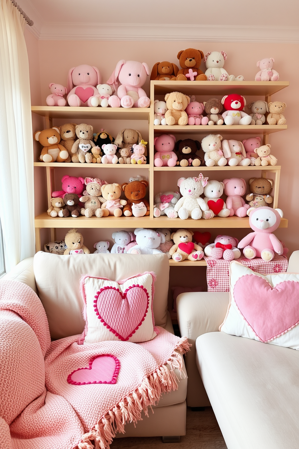 Create a cozy and romantic apartment setting for Valentine's Day. The display features personalized love coupons arranged in a decorative box on a rustic wooden table surrounded by soft candlelight. Adorn the walls with heart-shaped garlands and fairy lights for a warm ambiance. A plush throw blanket and decorative pillows in shades of red and pink are scattered on a comfortable sofa, inviting relaxation and intimacy.