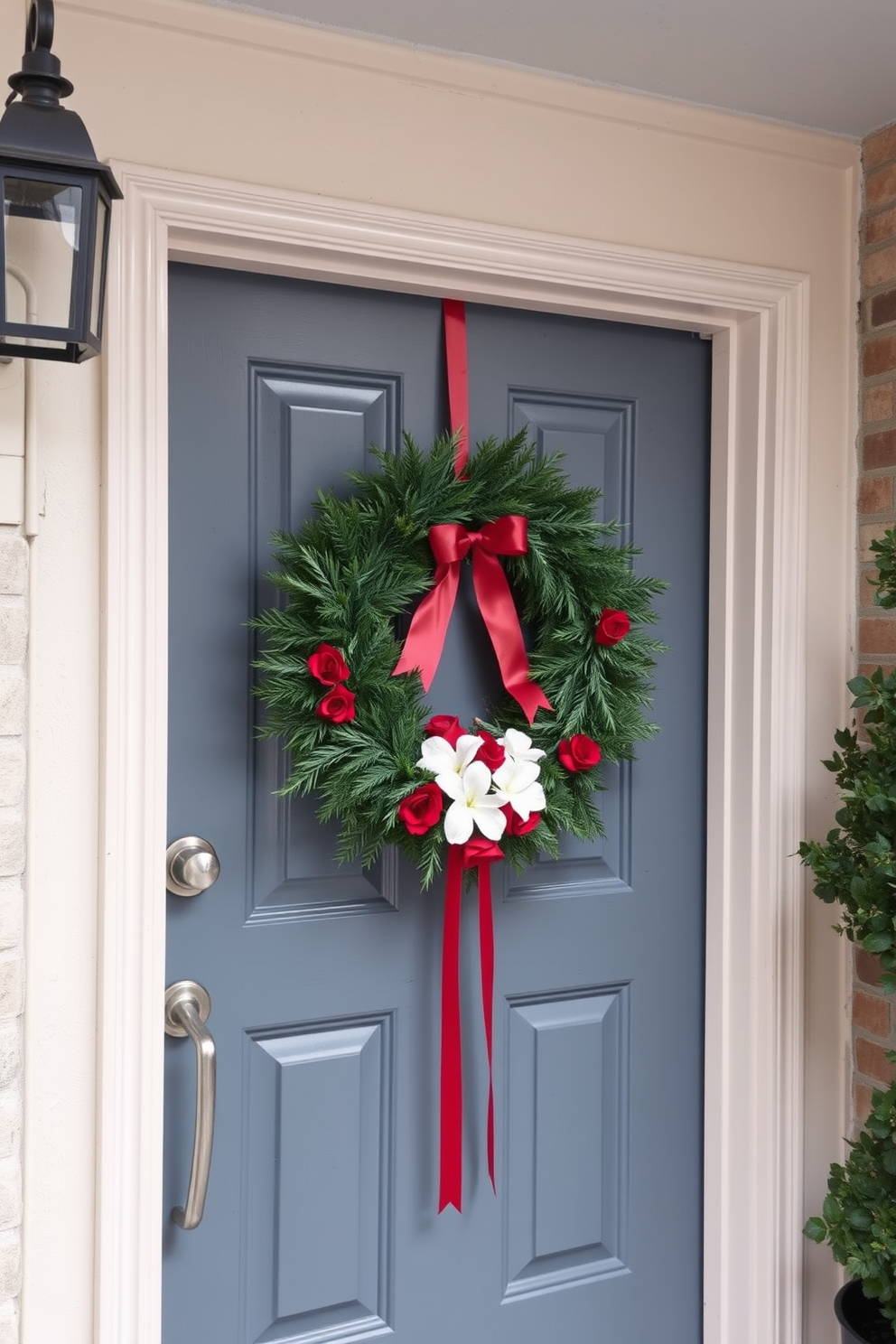 A charming apartment entrance adorned with a seasonal wreath on the front door. The wreath is crafted from fresh greenery and accented with red and white flowers, creating a warm and inviting atmosphere for Valentine's Day.