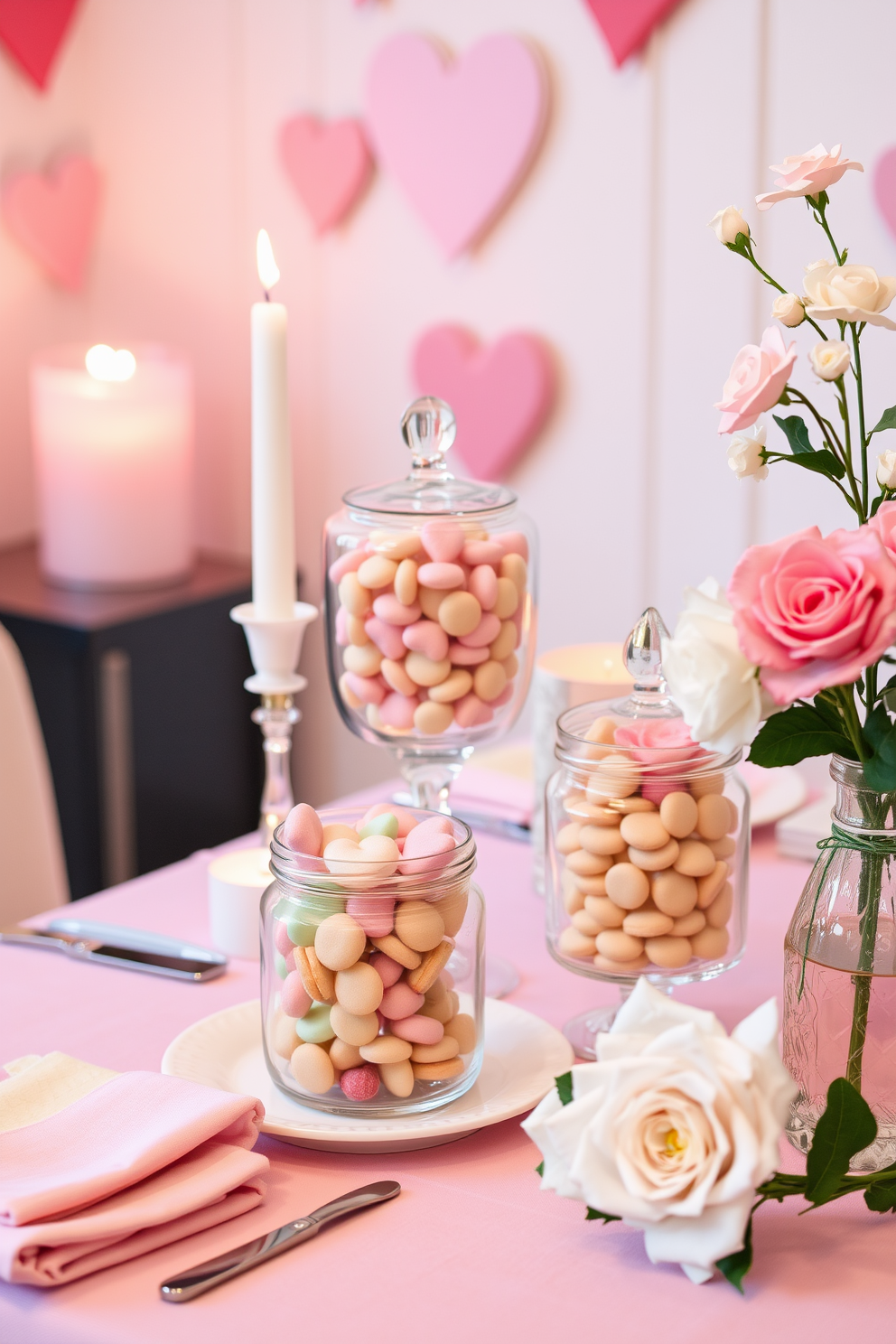 Sweet treats displayed in decorative jars create a charming and inviting atmosphere. The jars are filled with an array of colorful candies and pastries, arranged on a beautifully set table adorned with soft pink and white linens. Valentines Day decorating ideas include heart-shaped accents and romantic candlelight. Soft lighting enhances the warm ambiance, while fresh flowers in pastel shades add a touch of elegance to the space.