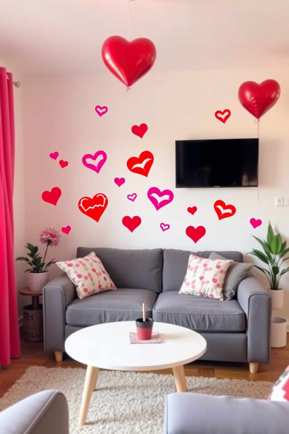 A charming photo booth corner setup designed for a cozy apartment. The backdrop features a soft pink fabric draped elegantly, adorned with heart-shaped balloons and fairy lights. In front of the backdrop, a small table holds a variety of fun props such as oversized glasses and colorful hats. Surrounding the area are potted plants that add a touch of greenery, creating a warm and inviting atmosphere for Valentine's Day celebrations.