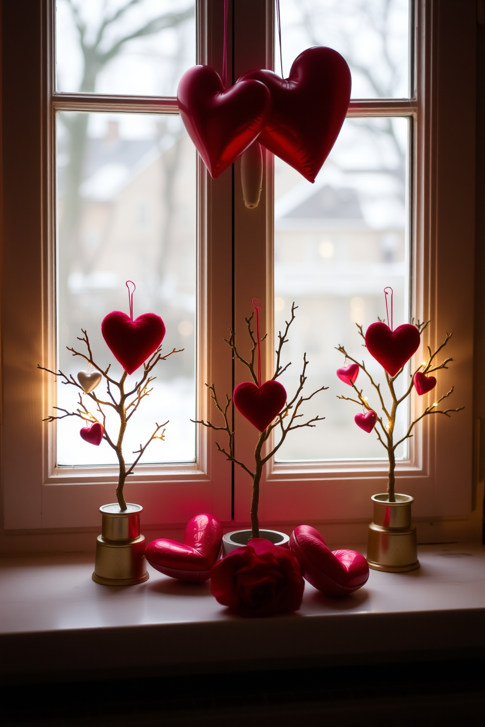 Miniature love trees are placed on the window sills, adorned with delicate heart-shaped ornaments. Soft, romantic lighting enhances the cozy atmosphere, creating a perfect setting for Valentine's Day celebrations.