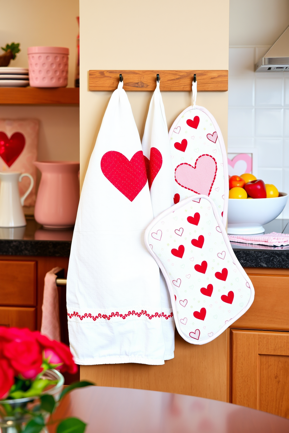 A cozy kitchen setting adorned with themed kitchen towels and oven mitts featuring heart patterns. The towels hang neatly from a wooden rack, while the oven mitts are displayed on the countertop next to a bowl of fresh fruits. Romantic touches are added with soft pink and red accents throughout the space. A small vase of red roses sits on the dining table, complementing the festive decor for Valentine's Day.