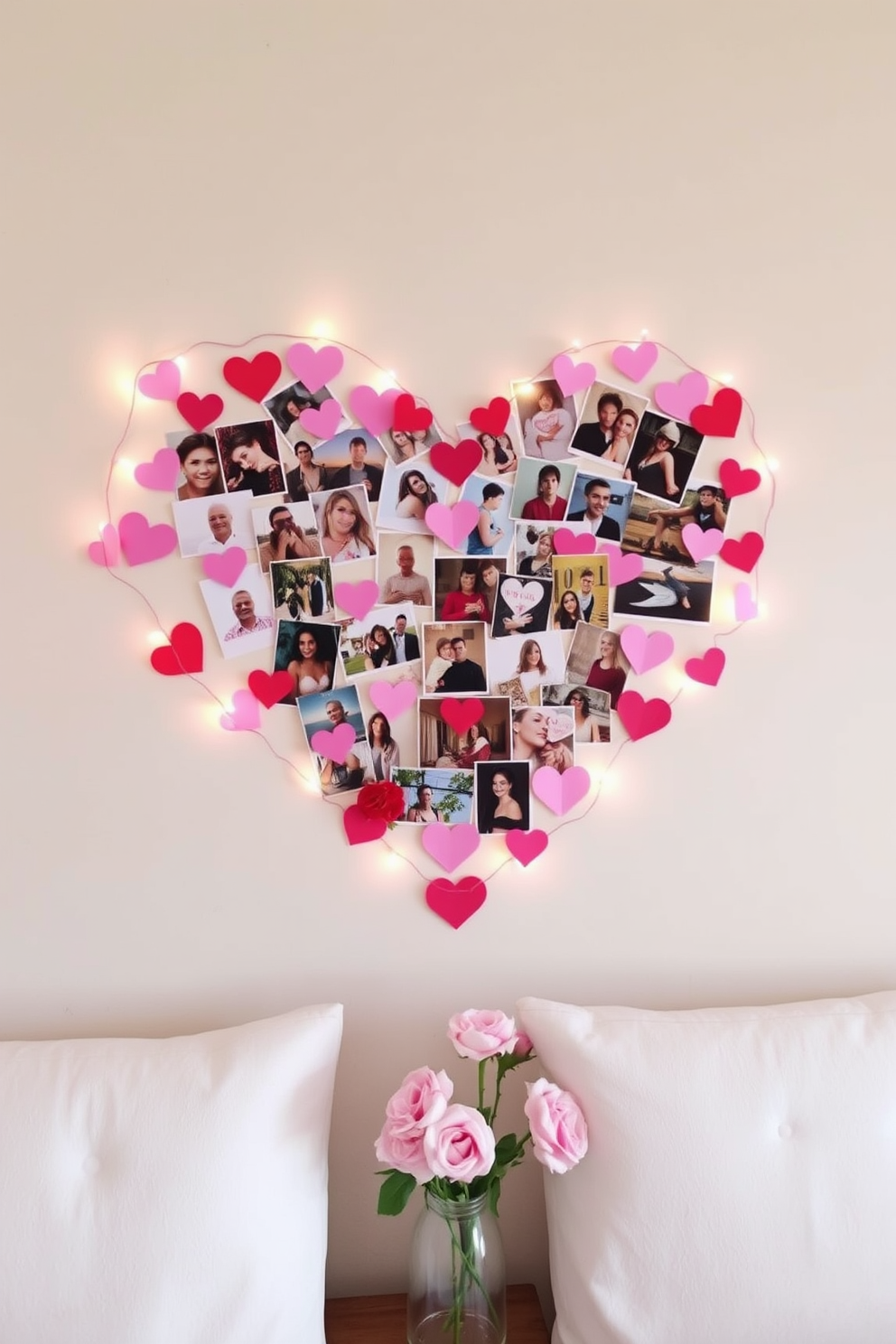 A cozy apartment living room adorned with colorful heart-shaped cushions scattered across a plush sofa. The walls are painted in soft pastel hues, and fairy lights twinkle above, creating a warm and inviting atmosphere for Valentine's Day celebrations.