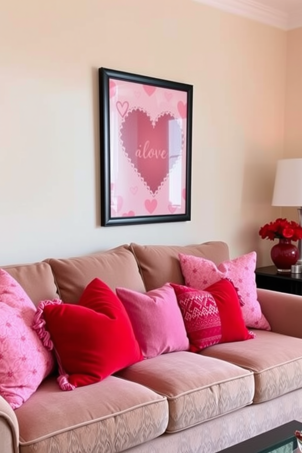 A cozy living room setting adorned with red and pink throw pillows on a plush couch. The walls are painted in a soft cream color, and a heart-themed artwork hangs above the couch, creating a warm atmosphere for Valentine's Day.