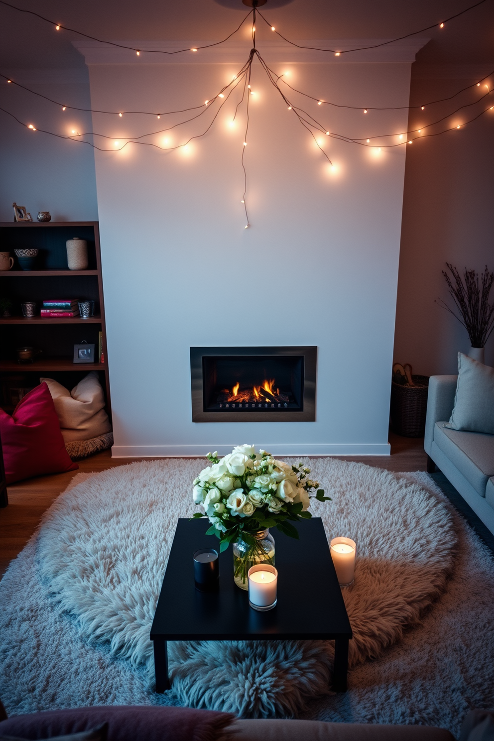 A cozy living room setting adorned with soft lighting and plush cushions. A large heart-shaped rug lays in front of a modern fireplace, creating an intimate atmosphere for a romantic evening. Delicate fairy lights twinkle above the seating area, enhancing the warm ambiance. Fresh flowers in a vase sit on a coffee table, surrounded by candles that add a soft glow to the space.