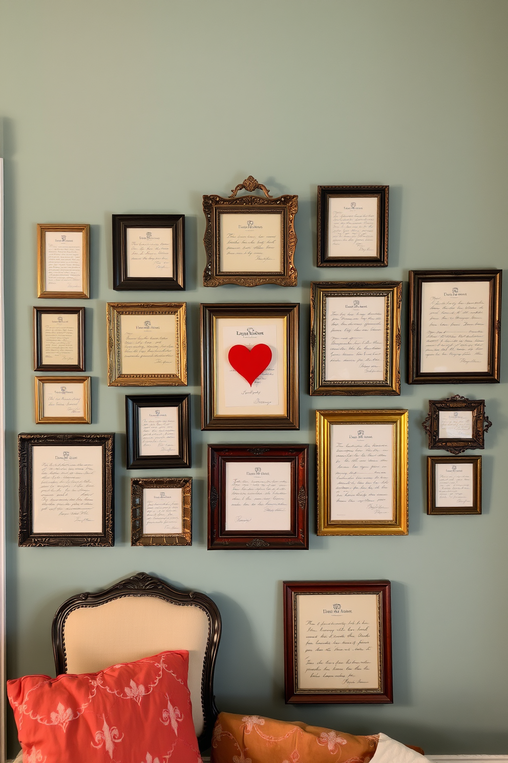 A collection of vintage love letters elegantly displayed in ornate frames on a gallery wall. The frames are arranged in a charming layout, creating a romantic focal point for a cozy apartment setting.