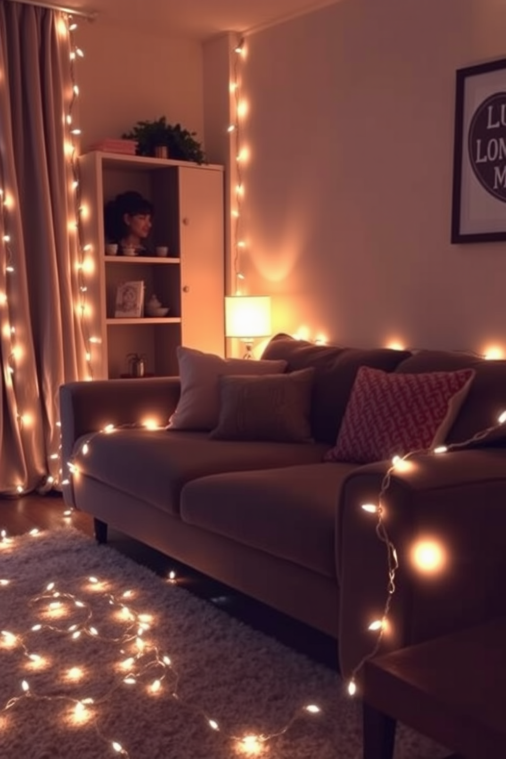 A cozy apartment setting adorned with fairy lights delicately wrapped around the furniture creating a warm and inviting atmosphere. The soft glow of the lights enhances the romantic ambiance perfect for a Valentine's Day celebration.