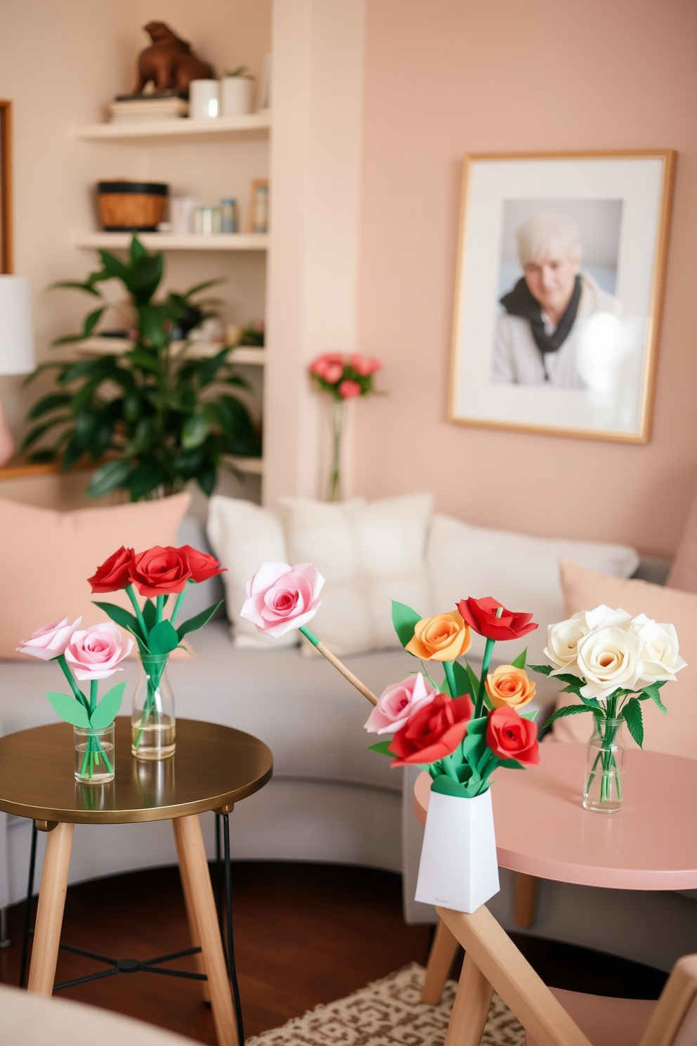 Create a charming scene featuring DIY paper flower bouquets arranged on various tables throughout a cozy apartment. Incorporate a warm color palette that reflects the spirit of Valentine's Day, with soft pinks and reds enhancing the decor.