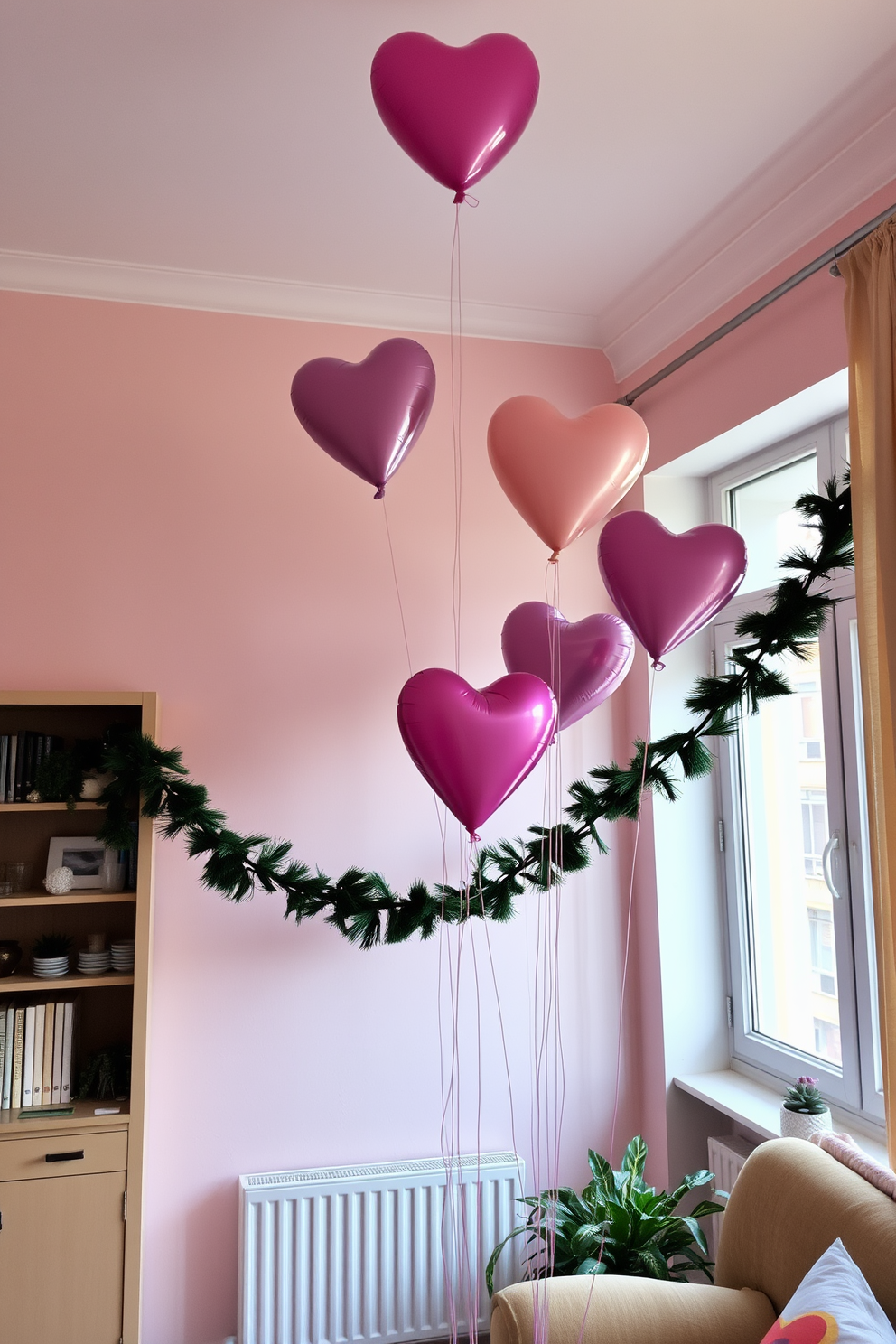 Heart-shaped balloons float gently in the corners of a cozy apartment, creating a whimsical atmosphere. The walls are adorned with soft pastel colors, and a festive garland drapes elegantly across the windows.