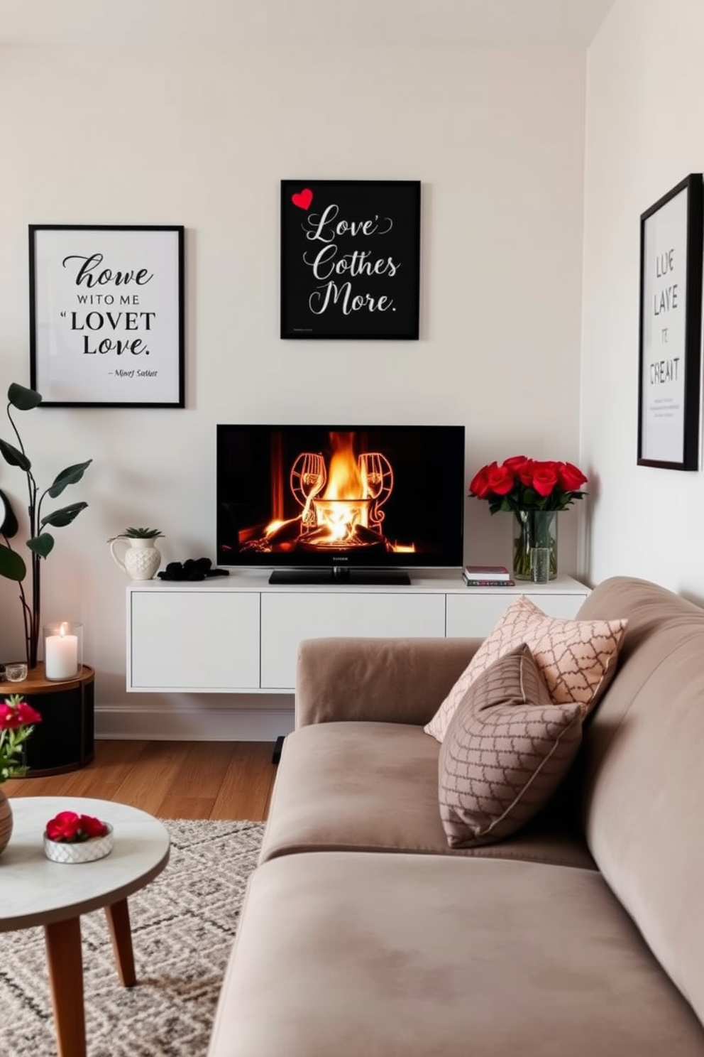 Create a cozy apartment setting for Valentine's Day. The walls are adorned with framed photos of special memories, showcasing joyful moments and loved ones, creating a warm and inviting atmosphere. In the center, a small dining table is set for two, featuring romantic candlelight and a bouquet of fresh flowers. Soft, ambient lighting enhances the intimate feel, while heart-shaped decorations add a playful touch throughout the space.