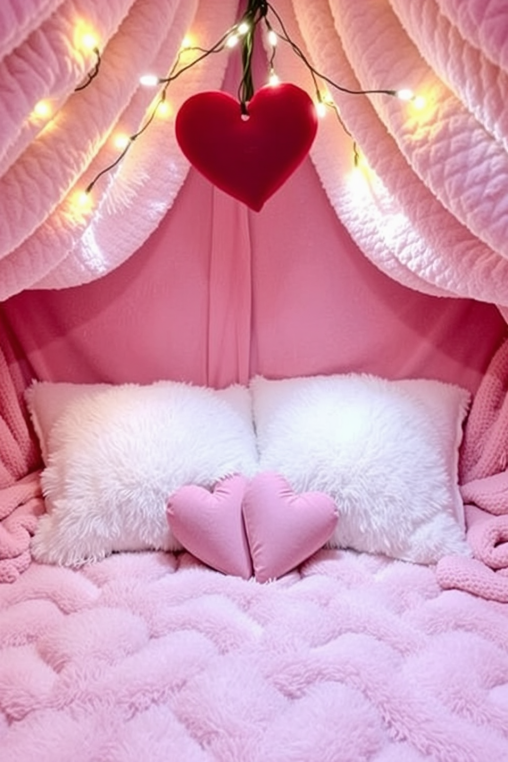 Cozy blanket fort for two with soft oversized pillows and twinkling fairy lights draped above. The walls of the fort are lined with plush blankets in pastel colors, creating a warm and inviting atmosphere for a romantic Valentine's Day celebration.