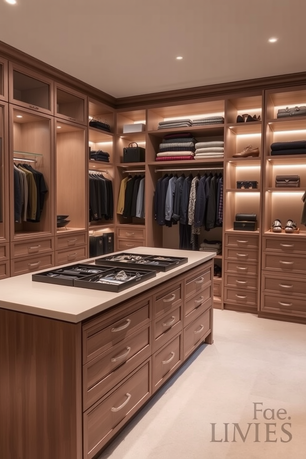 Maximize vertical space with shelves in a stylish apartment walk-in closet. Incorporate floor-to-ceiling shelving units that feature a mix of open and closed storage options for organization and aesthetics. Use a light color palette to enhance brightness and create an airy feel in the closet. Add decorative elements such as a plush ottoman and framed artwork to elevate the overall design.