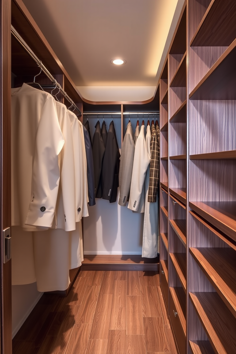 A stylish walk-in closet featuring open shelving for easy access to shoes and accessories. The space is illuminated by soft, recessed lighting, and the walls are painted in a calming light gray tone. Incorporate a central island with drawers for additional storage and a plush ottoman for seating. The flooring consists of rich hardwood, complementing the elegant design of the closet.