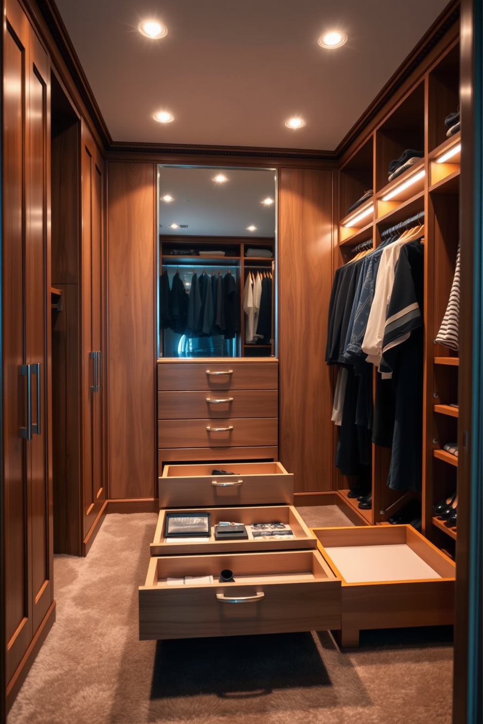 A luxurious walk-in closet featuring pull-out drawers for hidden storage. The space is elegantly designed with soft lighting that highlights the rich wood finishes and plush carpet. The layout includes a combination of hanging space and shelving, creating an organized and functional area. A full-length mirror is strategically placed to enhance the sense of space and reflect the stylish decor.