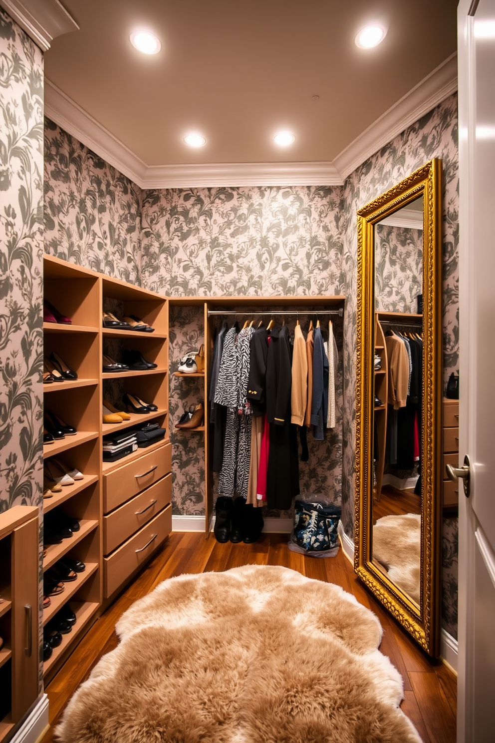 A stylish walk-in closet featuring an accent wall adorned with elegant wallpaper in a floral pattern. The space is well-lit with recessed lighting, and a plush area rug adds warmth underfoot. On one side, there are custom-built shelves displaying a curated collection of shoes and accessories. Opposite, a full-length mirror is framed in a chic gold finish, enhancing the overall luxurious feel of the closet.