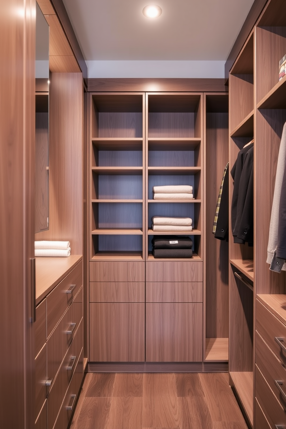 A stylish walk-in closet featuring a built-in bench for seating. The bench is upholstered in a soft fabric, providing comfort while dressing, and is positioned against a wall lined with elegant shelving for shoes and accessories. The closet is illuminated by warm lighting that highlights the rich wood finishes of the cabinetry. Mirrors are strategically placed to enhance the sense of space and reflect the organized layout of clothing and accessories.