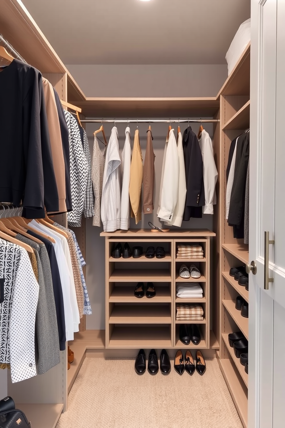 A stylish apartment walk-in closet featuring multi-tiered hanging rods for versatility. The design includes ample storage space with a mix of open shelving and closed cabinets, allowing for an organized and functional layout.