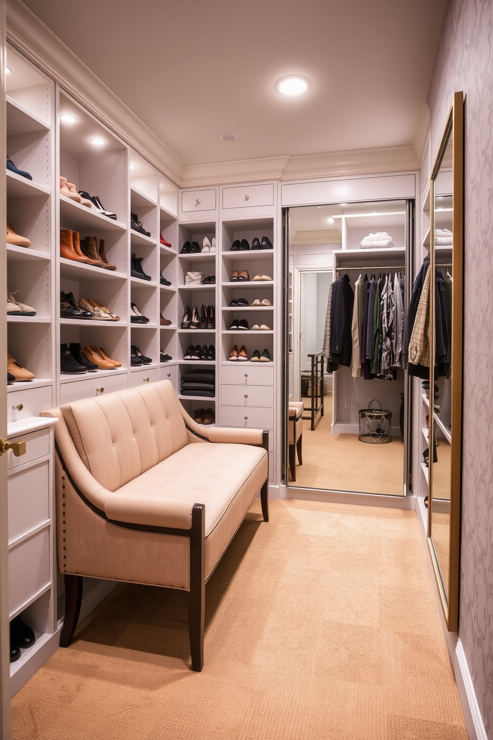 A stylish seating area in a walk-in closet designed for dressing convenience. The seating features a plush upholstered bench with elegant armrests, positioned against a backdrop of custom shelving filled with neatly organized shoes and accessories. Soft lighting illuminates the space, highlighting a large, full-length mirror on one wall. The walls are adorned with subtle wallpaper, creating an inviting atmosphere that complements the overall design aesthetic.