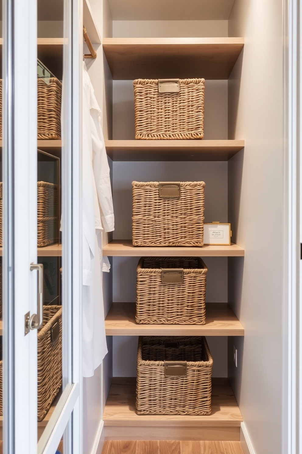 A stylish walk-in closet featuring custom shelving and hanging space for clothing. The walls are painted in a soft gray hue, and a plush area rug adds warmth underfoot. In the center, a full-length mirror is positioned for outfit checks, surrounded by elegant lighting fixtures. A chic seating area with a small ottoman provides a cozy spot to put on shoes.