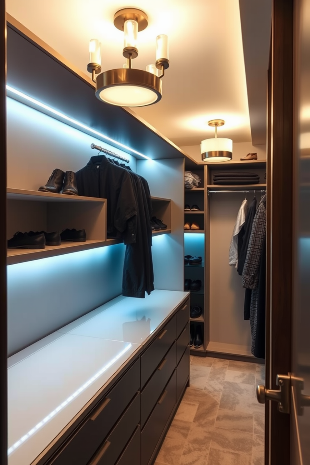 A stylish walk-in closet featuring high shelves accessible by a sleek wooden ladder. The walls are adorned with soft beige tones, while the floor is covered in a plush cream carpet, creating a warm and inviting atmosphere.