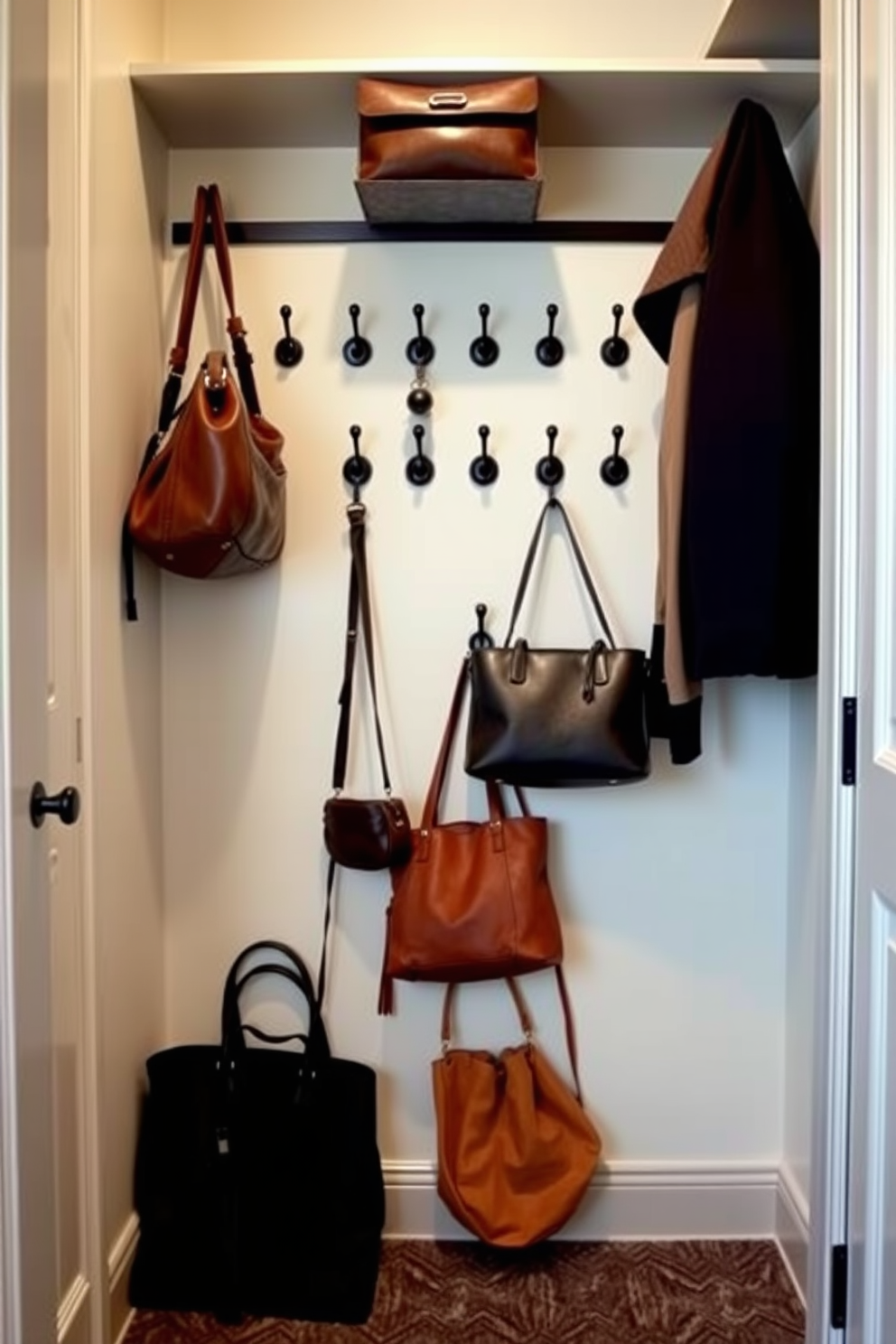 A stylish walk-in closet features wall-mounted hooks for bags and accessories, providing an organized and functional space. The hooks are arranged in an aesthetically pleasing manner, complementing the overall design with a mix of materials and finishes.