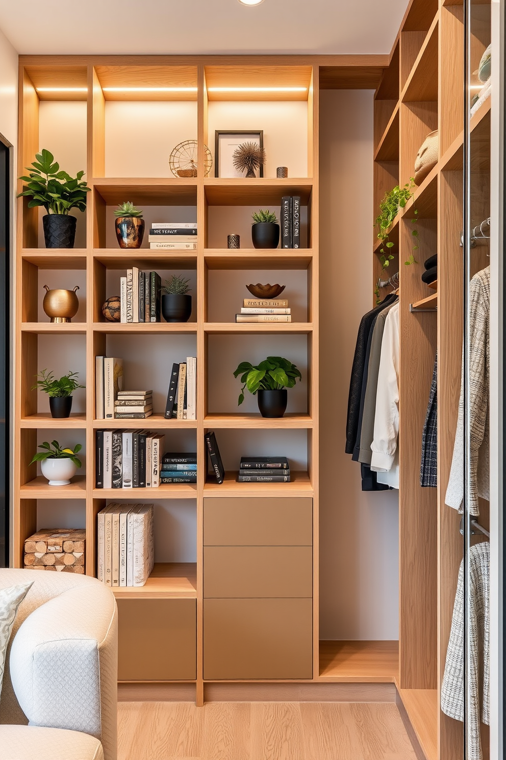 Ladder shelves for decorative items create a stylish and functional display in any room. The shelves are made of natural wood, featuring a mix of plants, books, and decorative pieces that add personality to the space. Apartment walk-in-closet design ideas focus on maximizing storage while maintaining an elegant aesthetic. The closet includes custom shelving, hanging areas, and integrated lighting, creating a luxurious and organized environment for clothing and accessories.