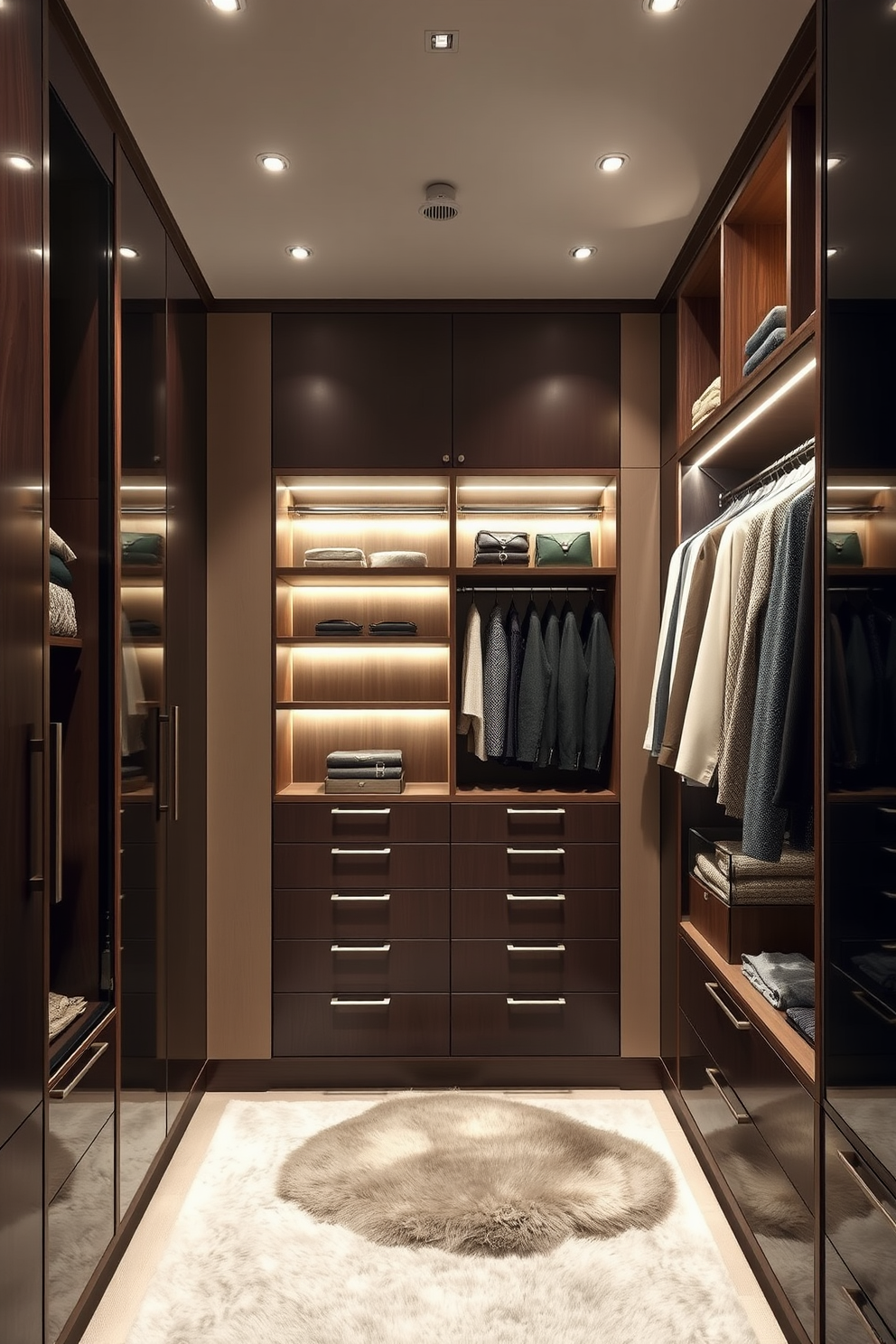 A luxurious walk-in closet featuring hidden compartments for discreet valuables storage. The design incorporates sleek cabinetry with soft-close mechanisms and a combination of hanging space and shelving for optimal organization. Soft ambient lighting illuminates the space, highlighting elegant finishes such as polished wood and soft textiles. A plush area rug adds warmth, while a full-length mirror enhances the sense of openness in the closet.