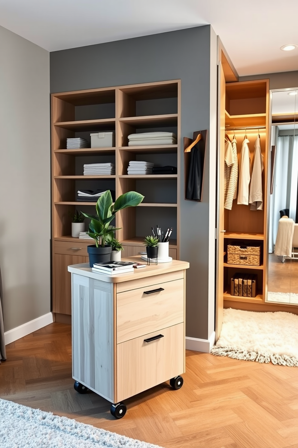 A luxurious walk-in closet featuring custom-built shelving and hanging spaces. The walls are adorned with soft beige tones, and a plush area rug adds warmth and texture underfoot. A stylish island in the center showcases accessories and jewelry, illuminated by elegant pendant lighting above. Full-length mirrors line one side, reflecting the organized beauty of the space.