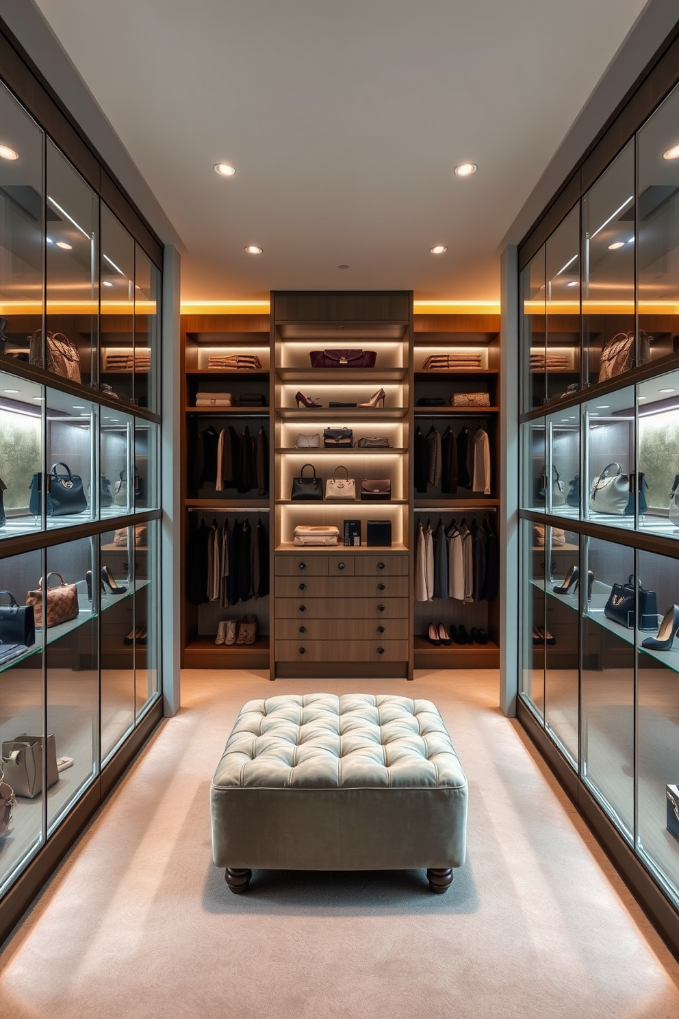 A stylish walk-in closet featuring glass display cases for luxury items. The cases are elegantly illuminated, showcasing designer handbags and shoes against a backdrop of soft, ambient lighting. The closet is spacious with custom shelving and a plush ottoman in the center. The walls are lined with mirrors to create a sense of openness and sophistication.