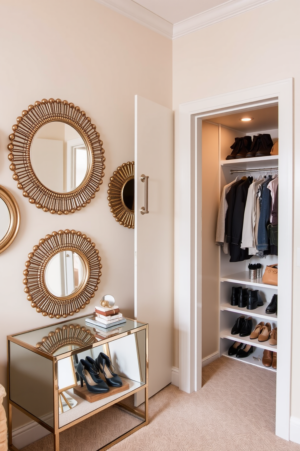 A collection of decorative mirrors is strategically placed to create a sense of spaciousness in the room. The mirrors reflect natural light and enhance the overall aesthetic, making the area feel larger and more inviting. The walk-in closet features elegant shelving and hanging space, designed for both functionality and style. Soft lighting illuminates the space, showcasing the organized arrangement of shoes, bags, and accessories.