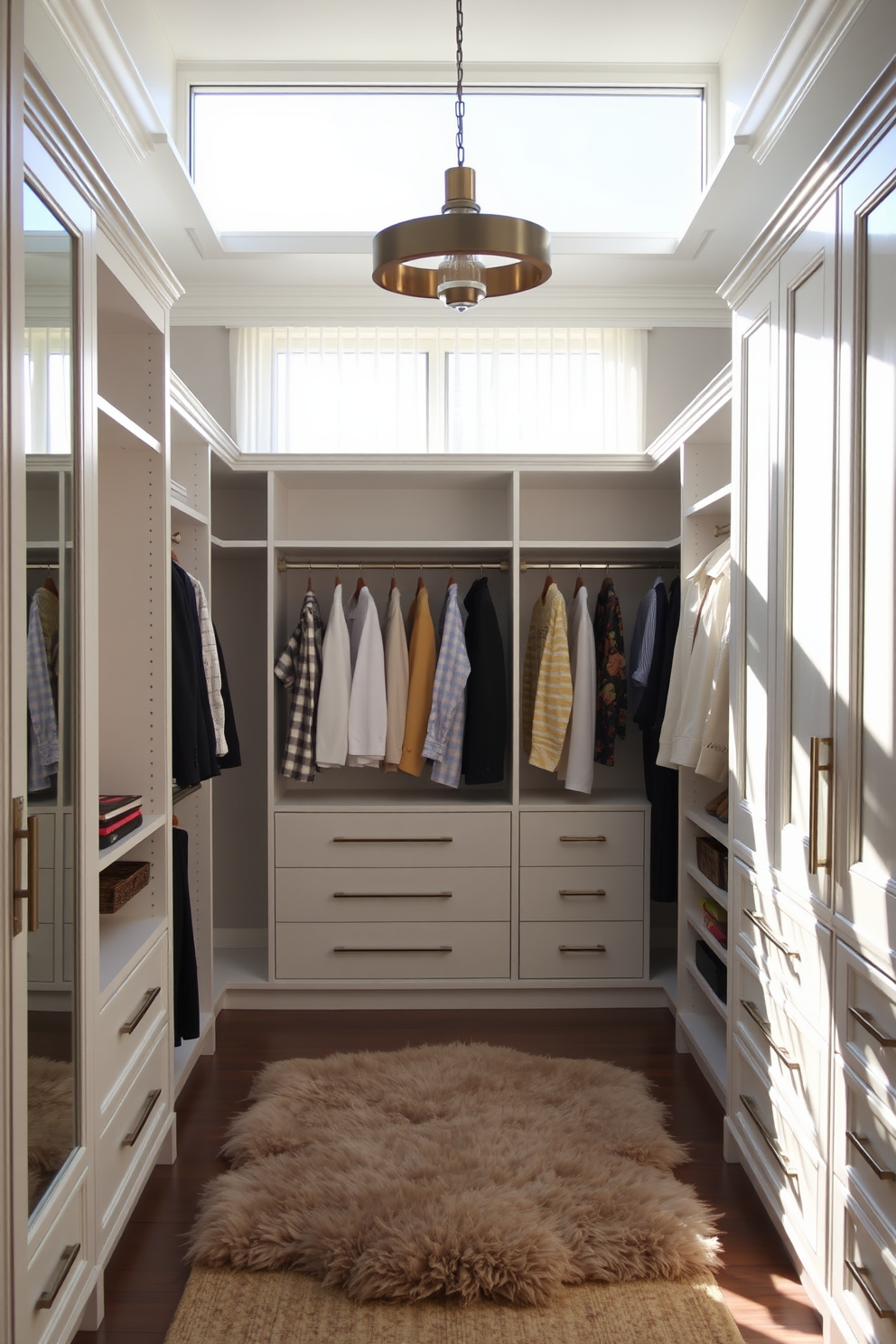 A spacious walk-in closet bathed in natural light filtering through sheer window treatments. The design features custom shelving and hanging space, complemented by a plush area rug and elegant lighting fixtures.