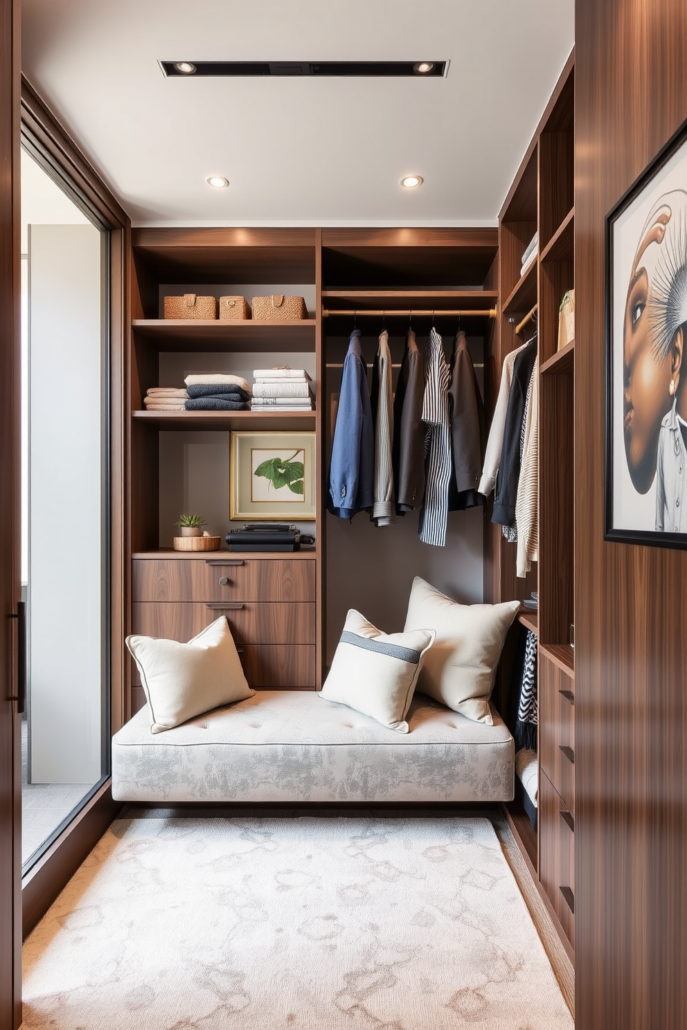 A stylish walk-in closet featuring custom shelving and hanging space. The design incorporates a full-length mirror and a cozy seating area with plush cushions. Personalized artwork adorning the walls adds a unique touch to the space. The artwork reflects the owner's personality and complements the overall aesthetic of the apartment.