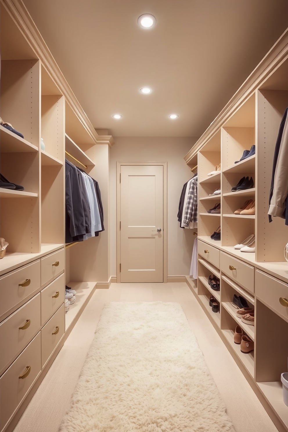 A stylish walk-in closet designed for seasonal clothing rotation. The space features built-in shelving for neatly organized shoes and bags, with a central island for accessories and jewelry. Soft lighting illuminates the area, highlighting a full-length mirror and a comfortable ottoman for seating. The walls are painted in a light neutral tone, allowing the seasonal colors of the clothing to stand out beautifully.