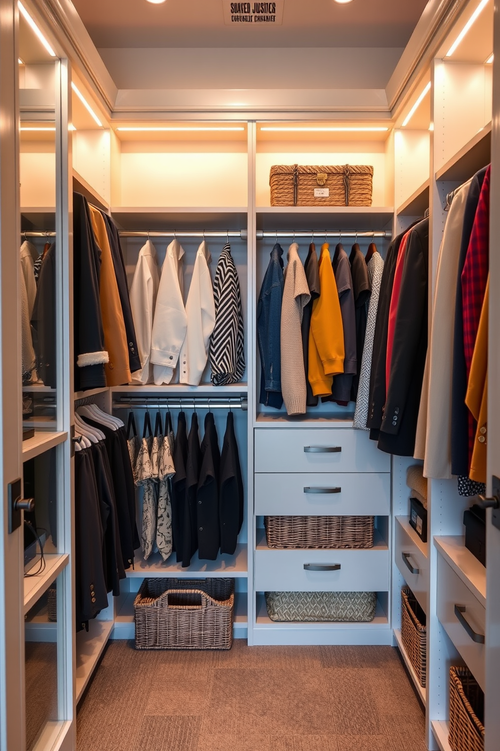 A functional walk-in closet featuring a seasonal clothing rotation system. The design includes dedicated sections for winter, spring, summer, and fall attire, with adjustable shelving and hanging rods for versatility. The closet is illuminated with soft LED lighting, enhancing visibility and creating a warm atmosphere. Elegant storage solutions such as baskets and bins are incorporated to keep accessories organized and easily accessible.