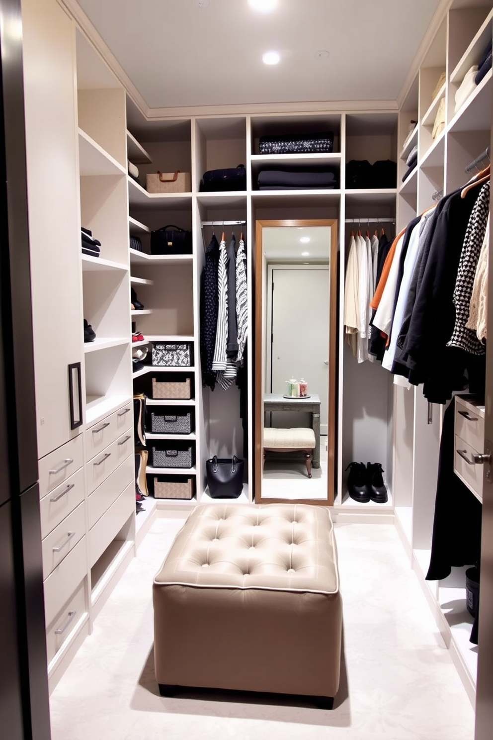 A compact walk-in closet design that maximizes storage in a small space. The closet features built-in shelving, hanging rods, and a full-length mirror to enhance functionality and style. Soft neutral colors dominate the walls, creating an airy feel. A stylish ottoman is placed in the center for seating and convenience.