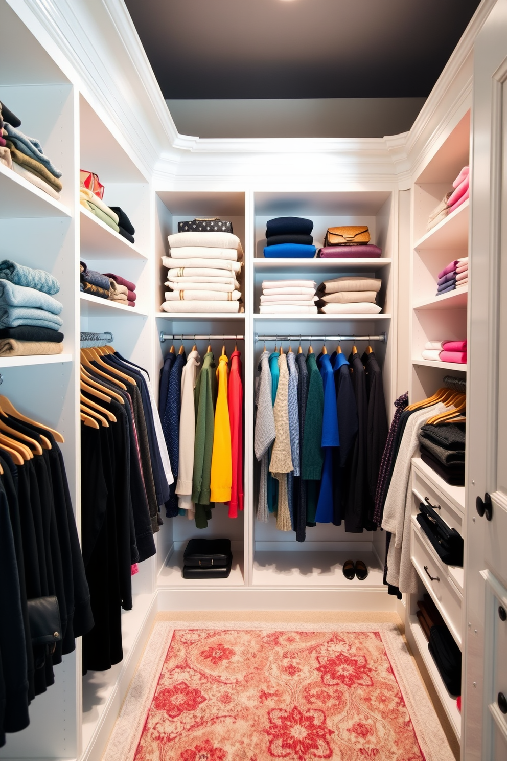 A stylish walk-in closet featuring ample storage with built-in shelves and hanging space. The design incorporates large mirrors on one wall to enhance light reflection and create a sense of spaciousness. Soft ambient lighting illuminates the space, highlighting a plush area rug in the center. A chic ottoman sits beneath a window, providing a cozy spot for dressing and adding a touch of elegance.